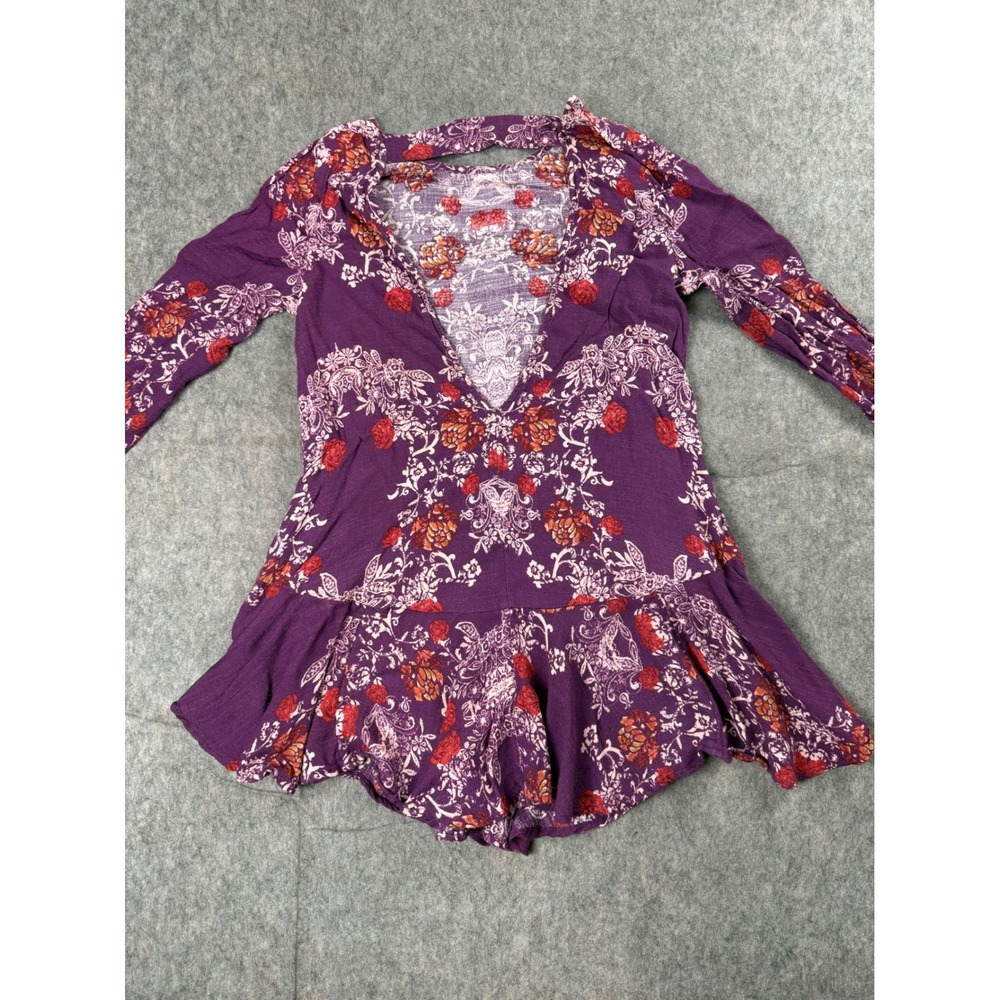 Free People Tunic Top Womens S Purple Rayon Floral Boho Deep V Back Ruffle Hem - Picture 5 of 6